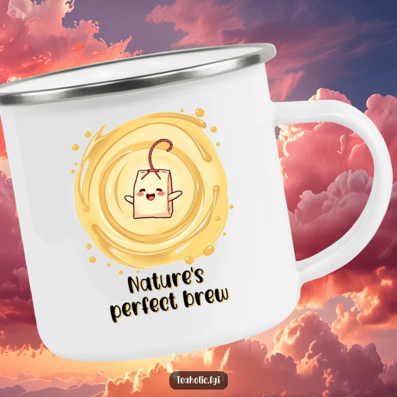 Funny camping mug featuring a delighted tea bag character floating in a swirling tea vortex, a robust funny gift.