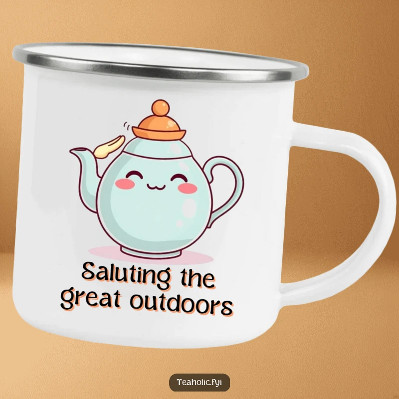 Funny teapot camping mug with a character saluting, ideal for outdoor duty and as a funny gift.