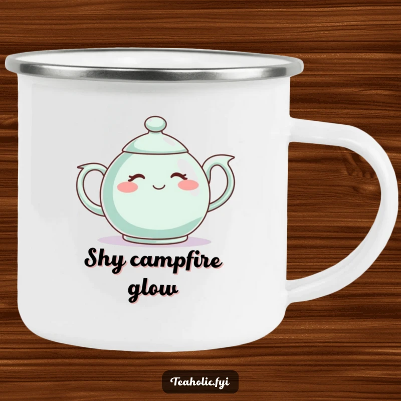 Funny camping mug with a shy teapot character blushing, perfect for enjoying drinks outdoors with gentle charm.