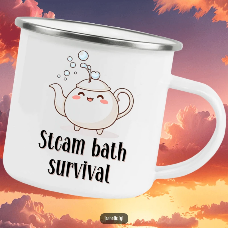 Funny Camping Mug: Teapot character comically dousing itself with bubbles, great for outdoor humor.