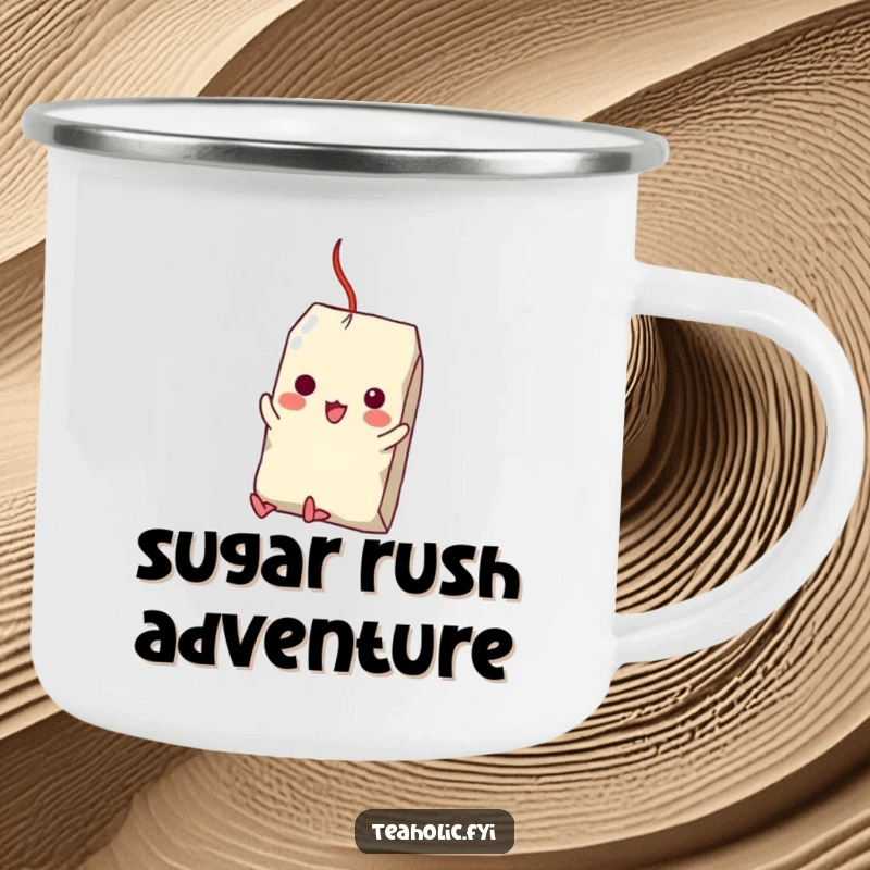 Funny camping mug featuring a tea bag character in a daring swing from a sugar cube, perfect for rugged, humorous adventures.