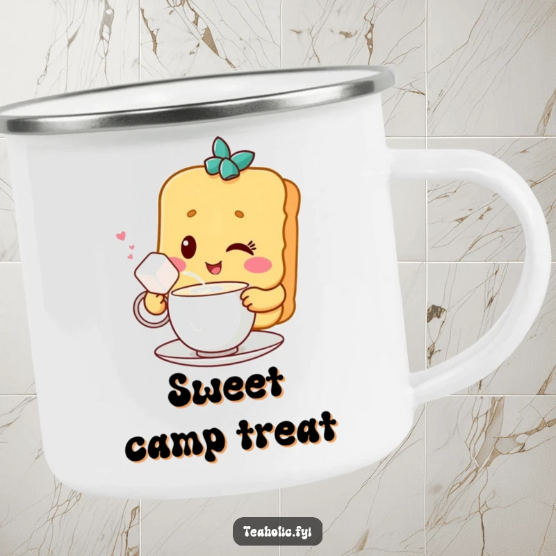 Funny camping mug with a winking biscuit character sharing tea with a sugar cube, durable and sweet for outdoor enjoyment.