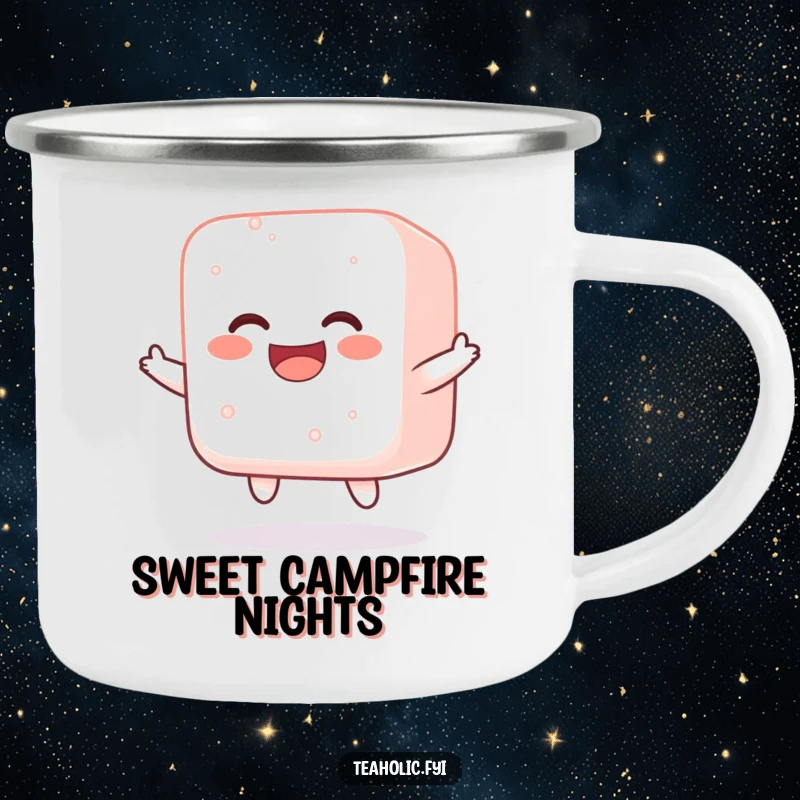 Funny camping mug featuring a jolly sugar cube bouncing with happiness, perfect for sweetening outdoor adventures.