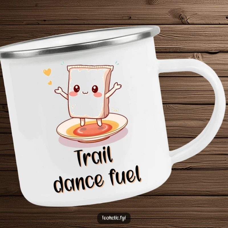 Funny kawaii tea bag character dancing on a saucer, a durable and funny camping mug.