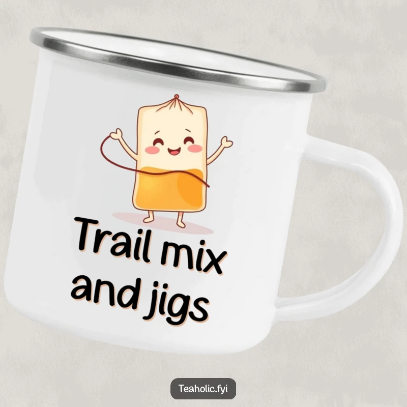 Funny tea bag camping mug with a smiling character doing a jig, ideal for outdoor fun and as a funny gift.
