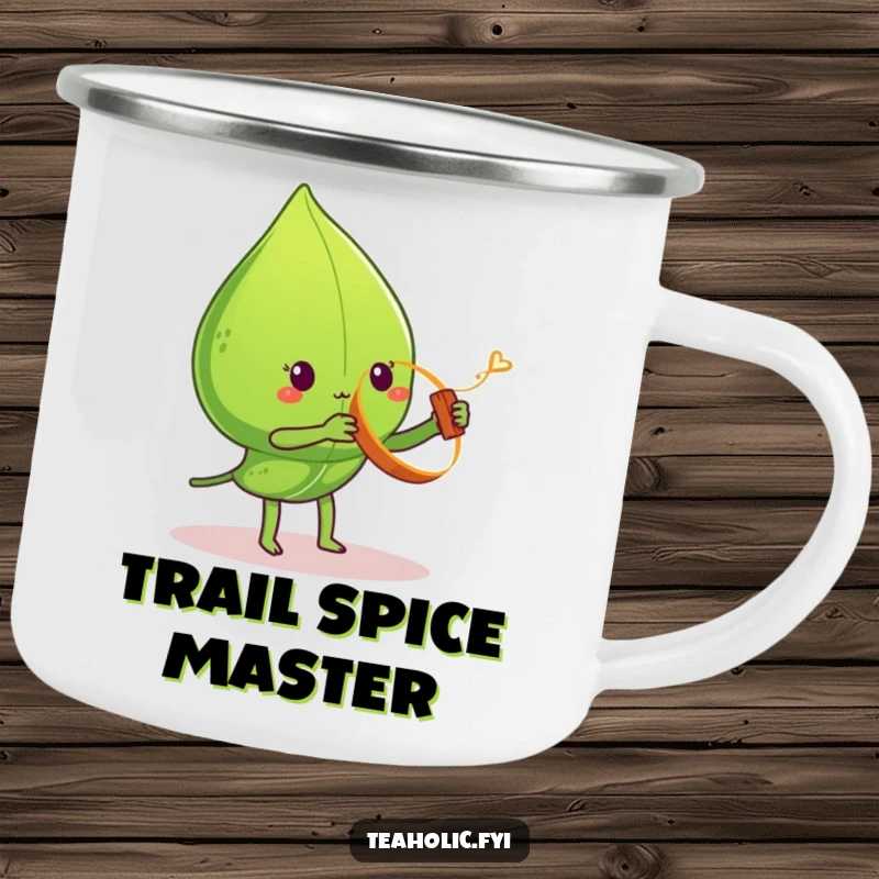Funny tea leaf camping mug, character spinning cinnamon stick yo-yo, rugged and amusing, perfect funny gift.