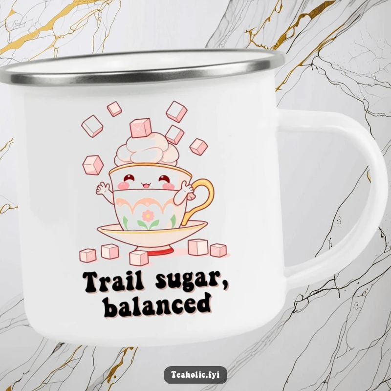 Funny camping mug with a whimsical teacup character juggling sugar cubes, perfect for outdoor fun and sweet drinks.