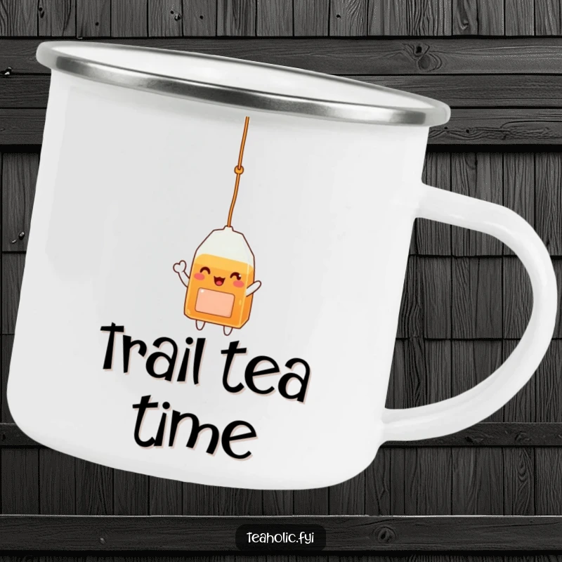 Funny camping mug with a happy tea bag character dangling and waving, perfect for outdoor enthusiasts.