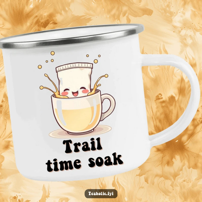 Funny Camping Mug: Happy tea bag character splashing playfully in a steaming mug, perfect for outdoor fun.
