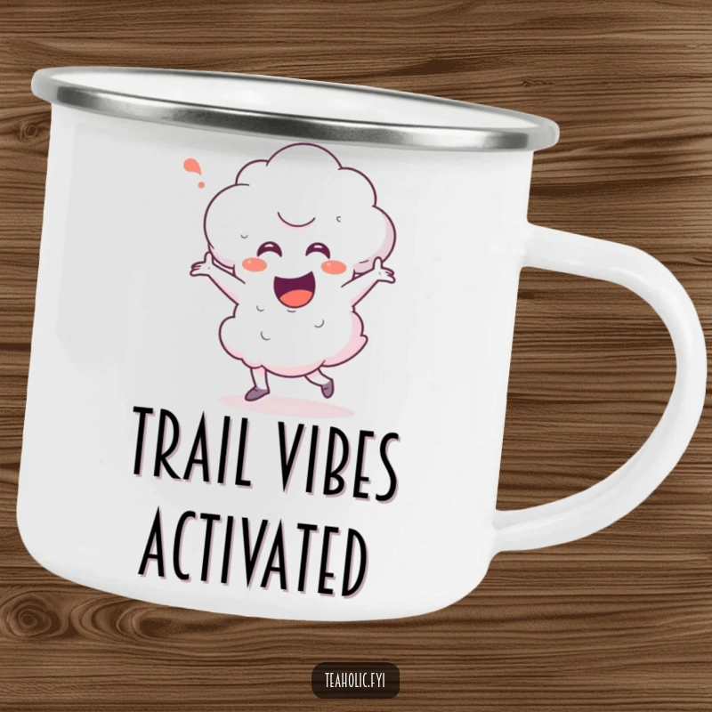 Funny steam cloud character in a jubilant happy dance, depicted on a durable camping mug, ready for any outdoor escapade.
