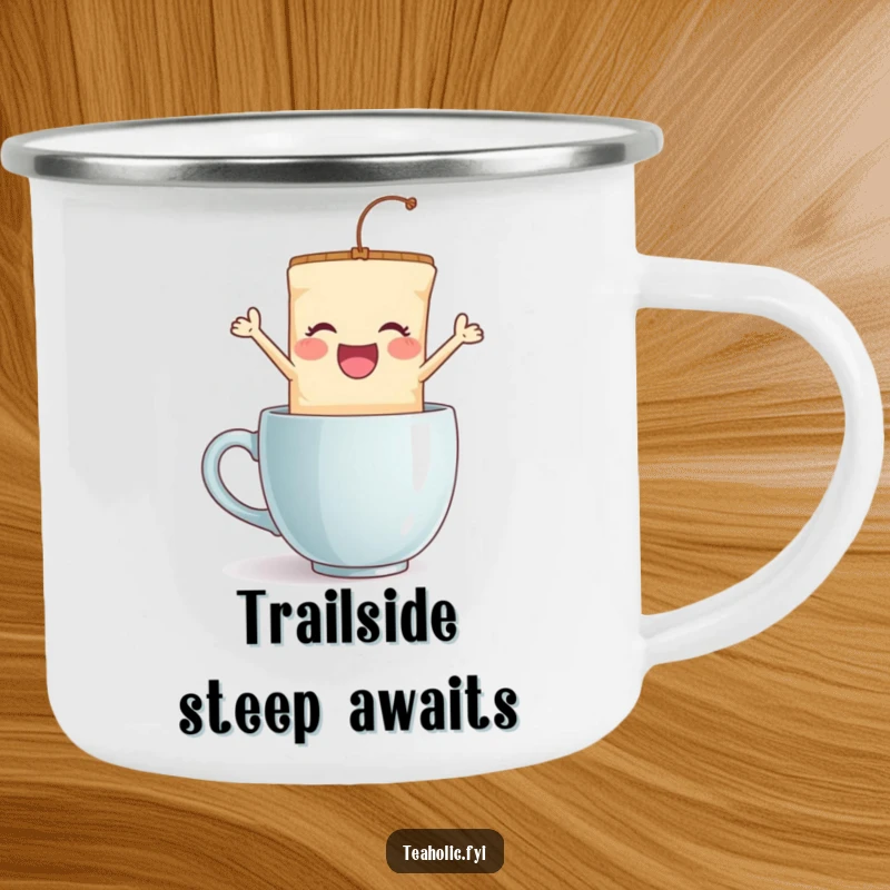 Funny tea bag jump camping mug, a delighted character making a playful leap into a mug, durable enamel cup for humorous outdoor enjoyment.