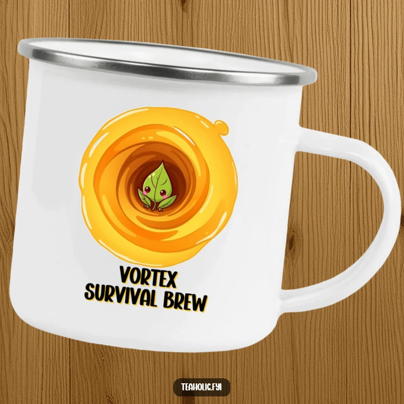Funny Camping Mug: Curious tea leaf character peeking from a swirling vortex of tea, for outdoor mystery.