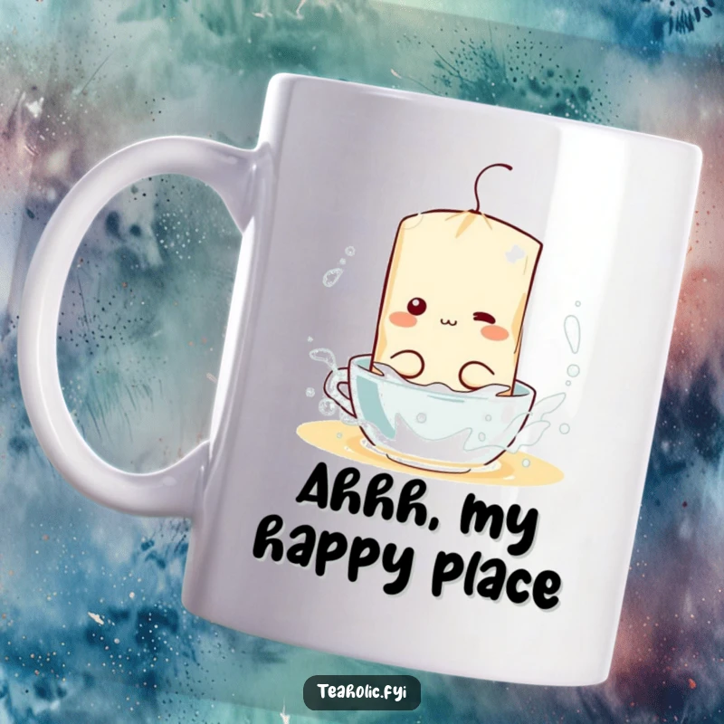 Funny mug with a cheerful tea bag character gleefully splashing around in a steaming cup of hot water, spreading joy.