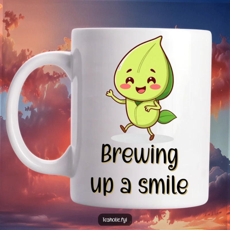 Funny mug with a smiling tea leaf character energetically doing a joyful little jig, spreading dancing cheer.