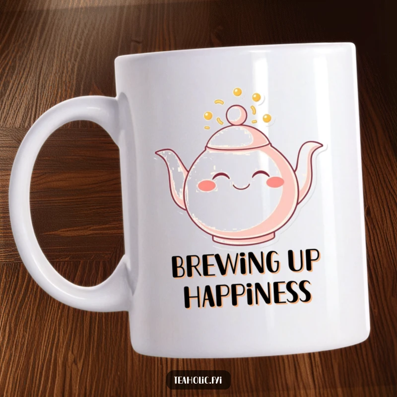 Funny mug featuring a smiling teapot with its spout overflowing with colorful, joyful bubbles and steam.