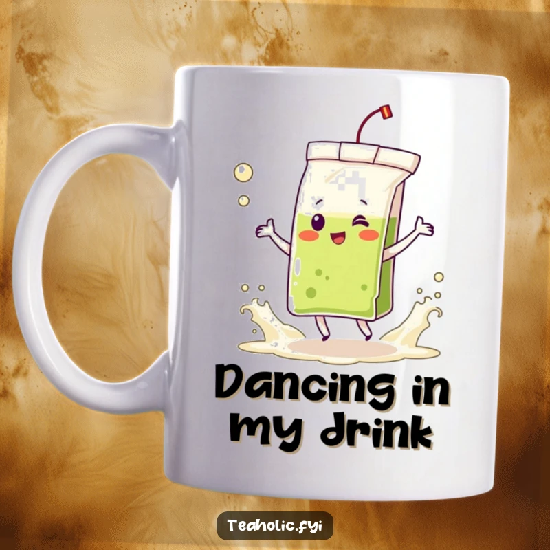 Funny mug featuring a delighted tea bag character joyfully dancing amidst frothing tea waves, embodying pure tea-time bliss.