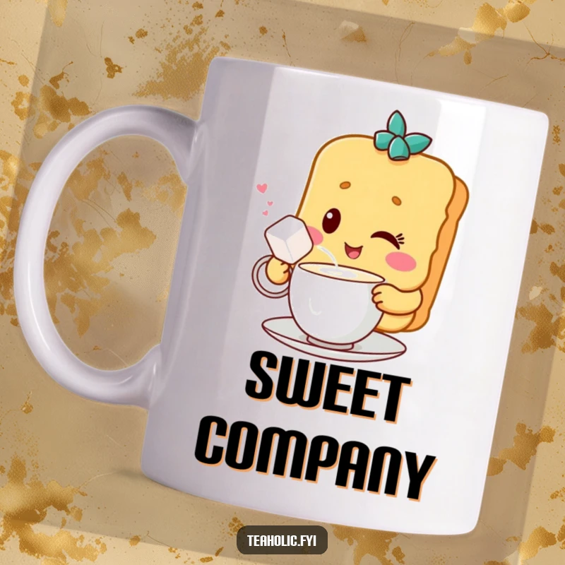 Funny mug featuring a winking biscuit character sharing tea with a friendly sugar cube, embodying sweet companionship and tea-time fun.
