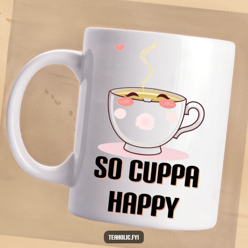 Funny blushing teacup character eagerly sipping from a stream of steaming tea, depicted on a ceramic mug.