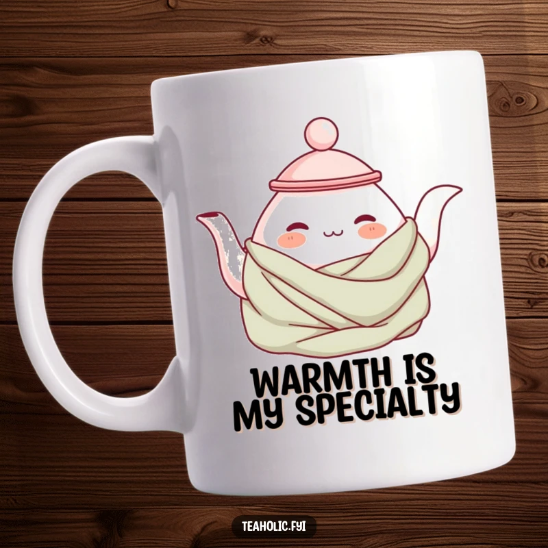 Funny teapot mug showing a contented teapot character wrapped snugly in a cozy blanket, radiating warmth and comfort.