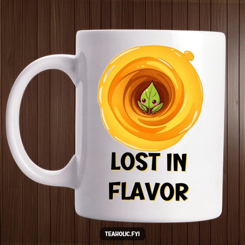 Funny Mug: A curious tea leaf character peeking from a swirling vortex of tea, intriguing and perfect for gifting.