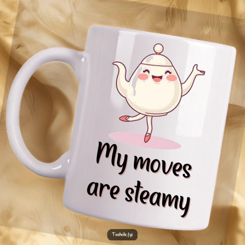 Funny ballet teapot mug, a cheerful character performing a graceful pirouette with elegant ballet moves, bringing joy and humor.