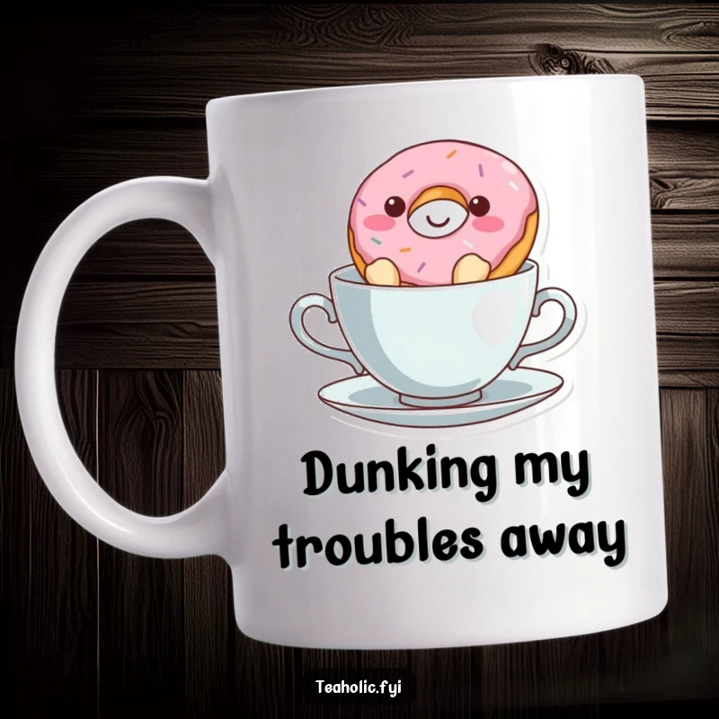 Funny donut character happily floating in a teacup, a whimsical and cheerful design for coffee mugs.