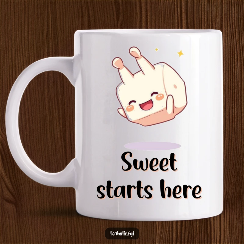 Funny giggling sugar cube mug, a cheerful character performing a joyful somersault with a happy expression, adding sweetness and humor.