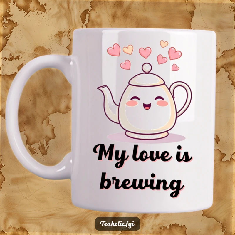 Funny tea kettle mug, giggling with heart-shaped steam, spreading love and warmth, a perfect funny gift for tea lovers.