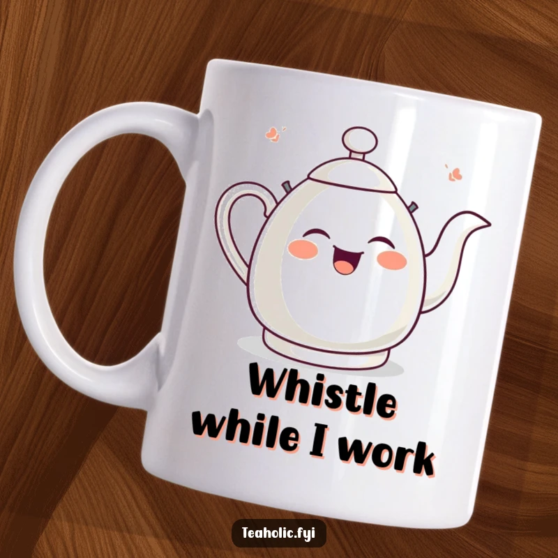 Funny giggling tea kettle mug, depicted whistling with absolute pure joy, bringing a cheerful vibe to the kitchen.