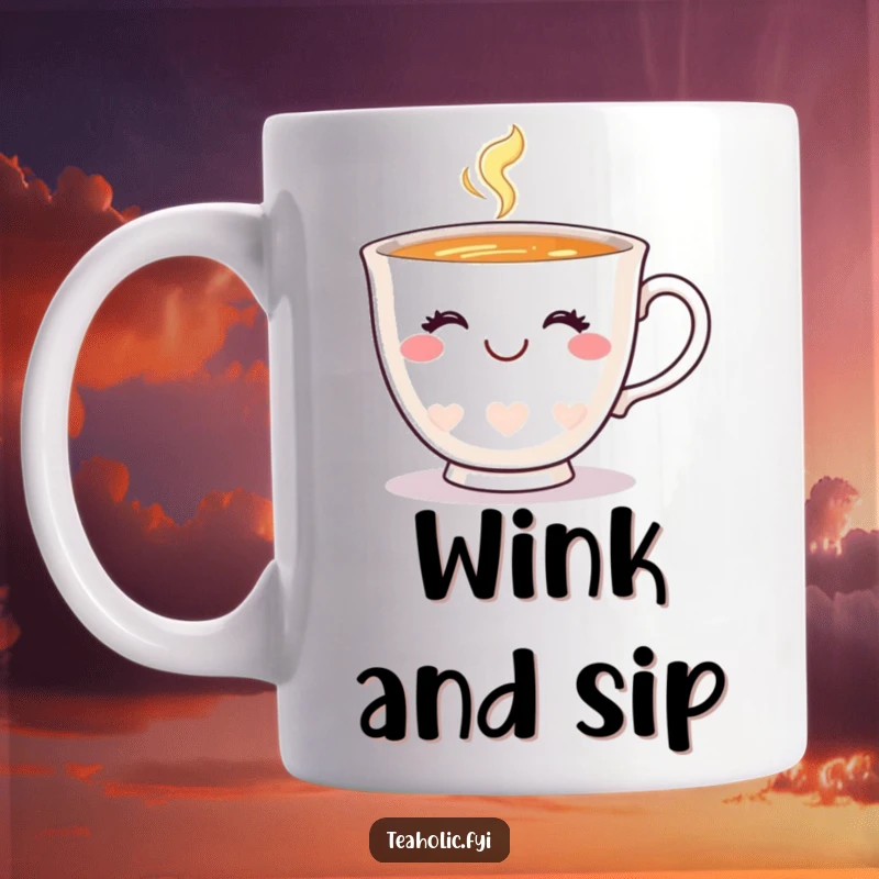 Funny happy teacup mug with a charming smile, giving a playful wink, perfect for enjoying a warm beverage.
