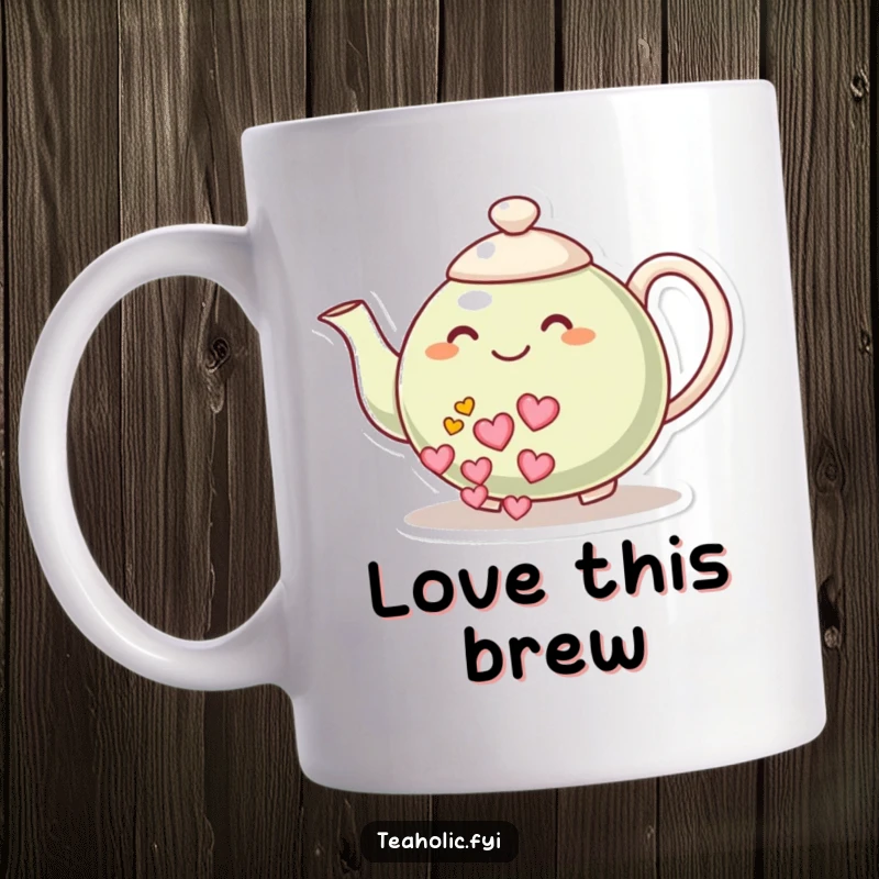 Funny mug: A smiling teapot character joyfully pours a stream of hearts, symbolizing love and warmth in every cup.