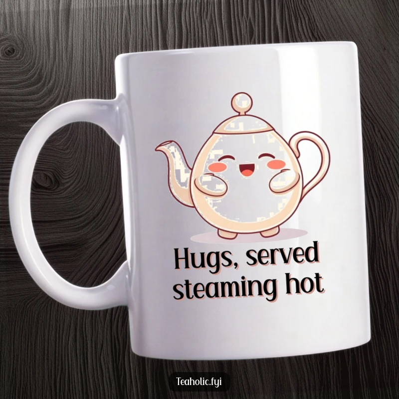 Funny mug with a joyful teapot character extending open arms for a warm, comforting hug, radiating kindness.