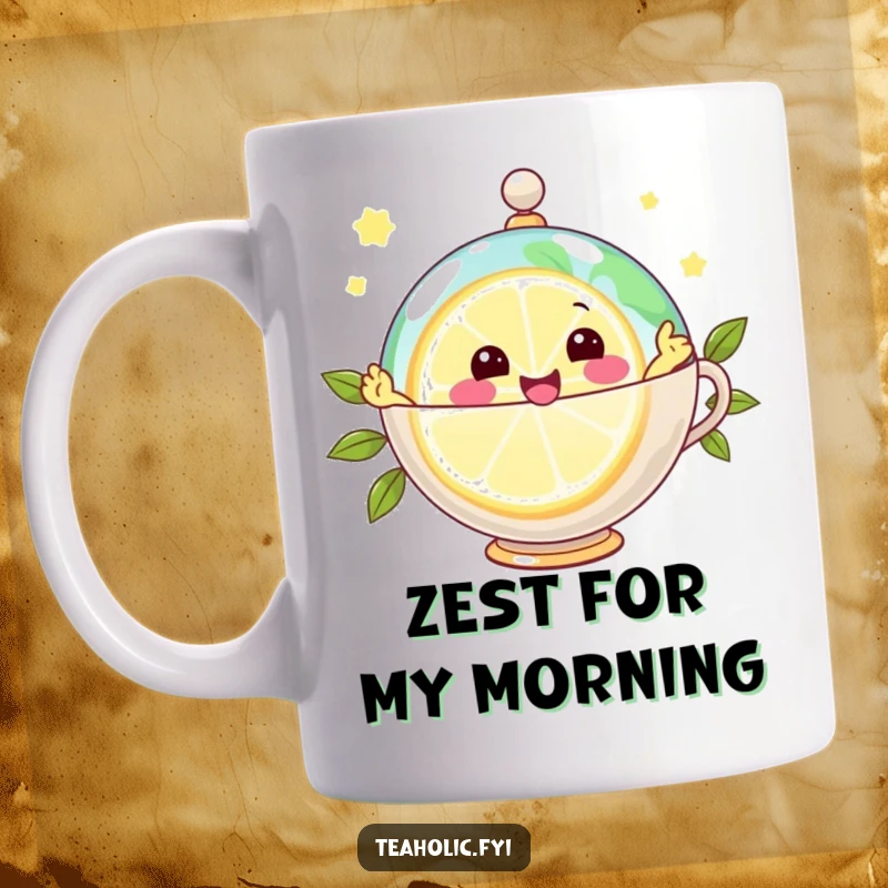 Funny mug featuring a joyful lemon slice character zipping around a teacup globe, symbolizing zestful energy and morning fun.