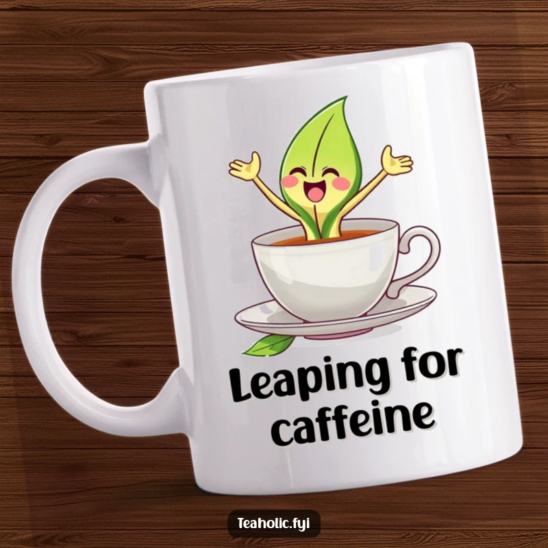 Funny joyful tea leaf character leaping exuberantly from a teacup, embodying the excitement of a fresh brew.
