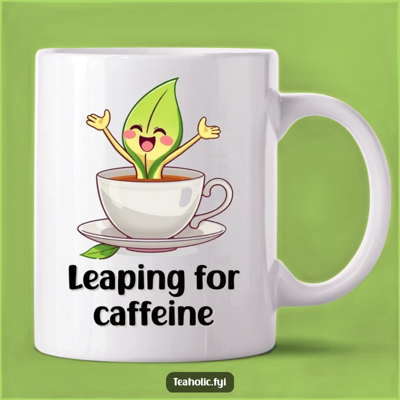 Funny Joyful Tea Leaf Mug: Leaping Character's Morning Brew Gift