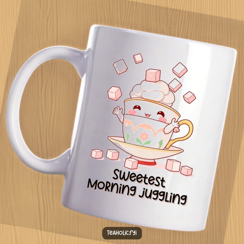 Funny mug featuring a whimsical teacup character skillfully juggling sugar cubes, bringing a playful and sweet energy.
