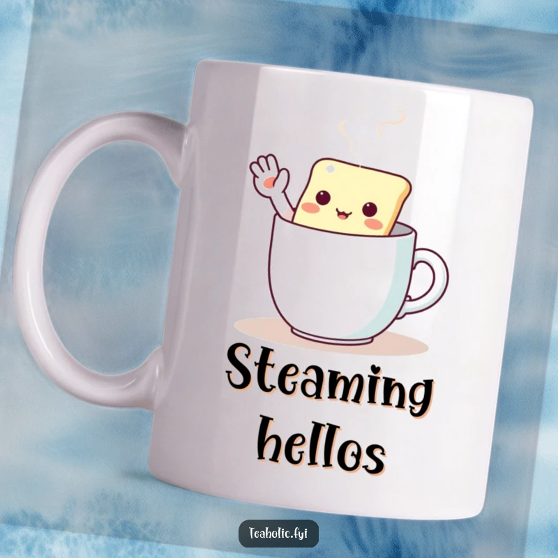 Funny mug showing a kawaii tea bag character enthusiastically waving from inside a steaming cup of tea.