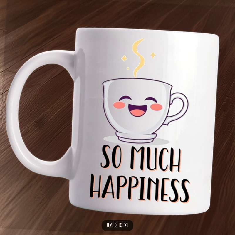 Funny teacup mug featuring a joyful teacup character laughing heartily, with steam artfully forming a happy smiley face above it.