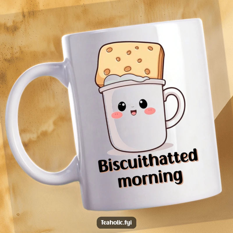Funny mug design showing a ceramic mug character comically sporting a biscuit as a jaunty hat, exuding quirky charm.