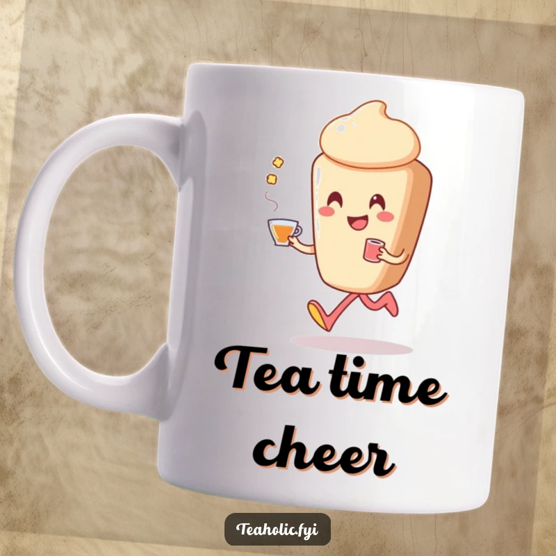 Funny pastry mug featuring a smiling pastry character doing a jubilant skip, happily holding a cup of tea.