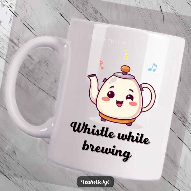 Funny mug featuring a smiling cartoon kettle character joyfully whistling a visible tune, radiating warmth and good cheer.