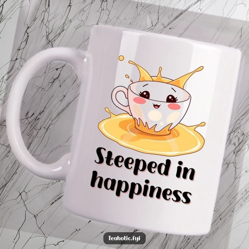 Funny mug featuring a cheerful teacup character joyfully splashing and playing in a puddle of warm tea.