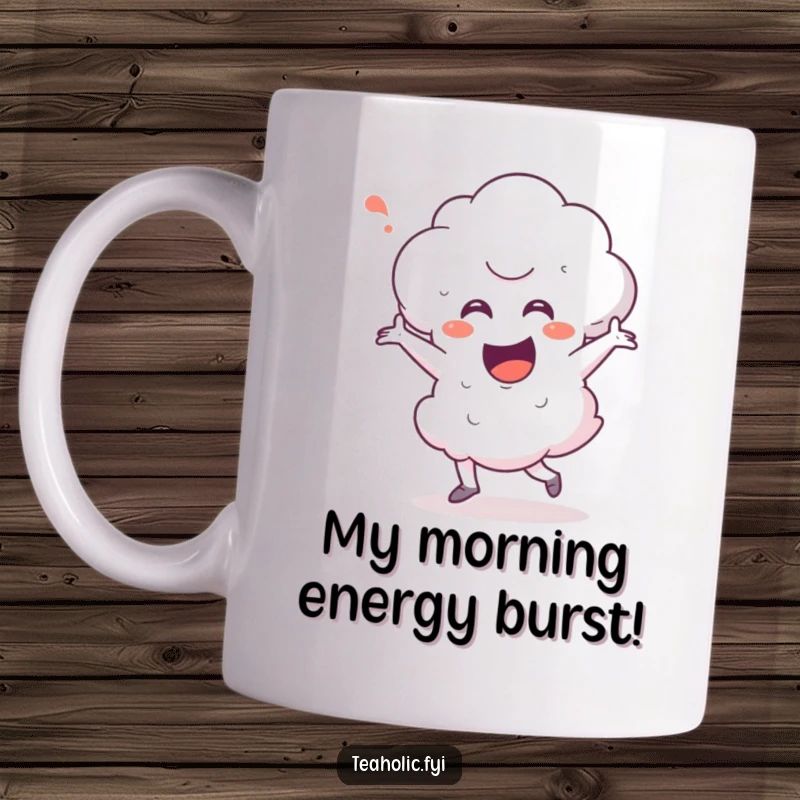 Funny steam cloud character celebrating with a happy dance pose on a mug, bringing joy and humor to your day.