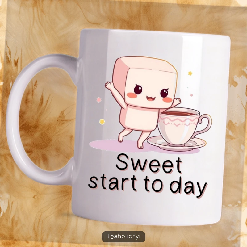 Funny sugar cube character mug, joyfully bouncing and dancing near a teacup, embodying playful energy and sweetness.