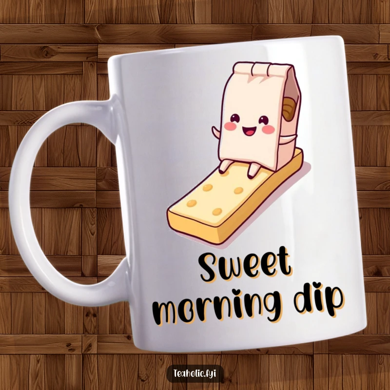 Funny tea bag mug, character sliding down sugary biscuit slide, conveying pure joy and sweetness, perfect funny gift.
