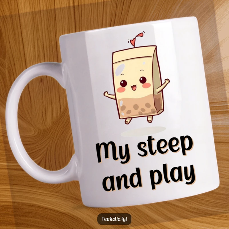 Funny Mug featuring a cute tea bag character in a small hat, joyfully bouncing with energy and a playful attitude.