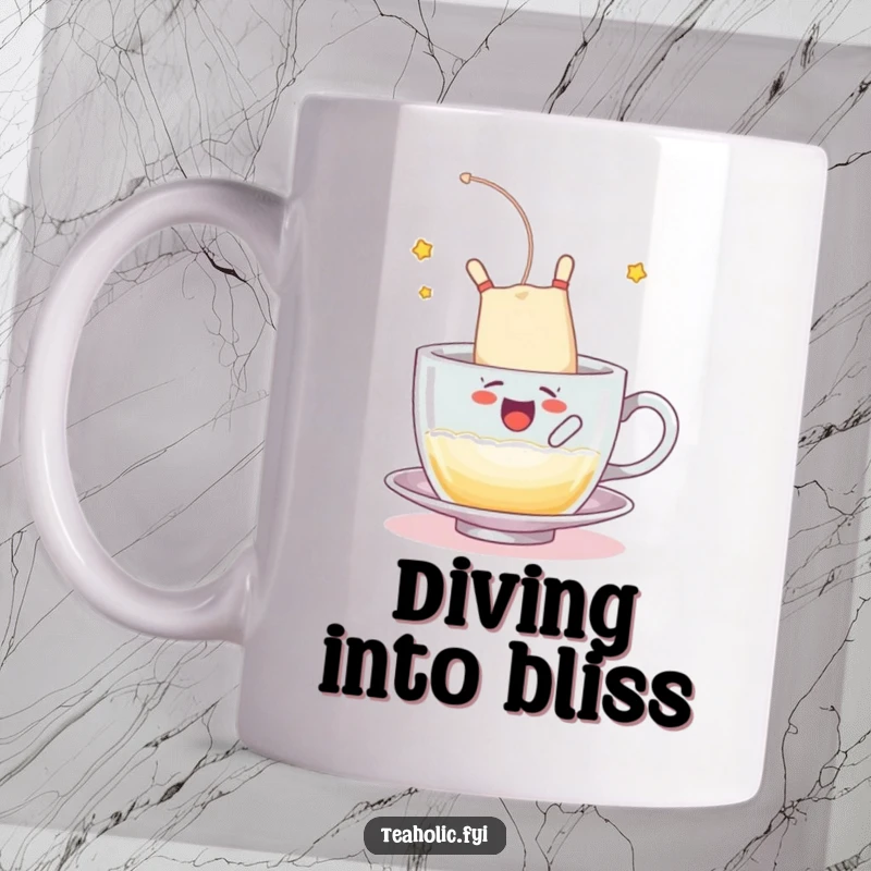 Funny mug featuring a tea bag character happily somersaulting into a frothy cup, a dynamic funny gift.