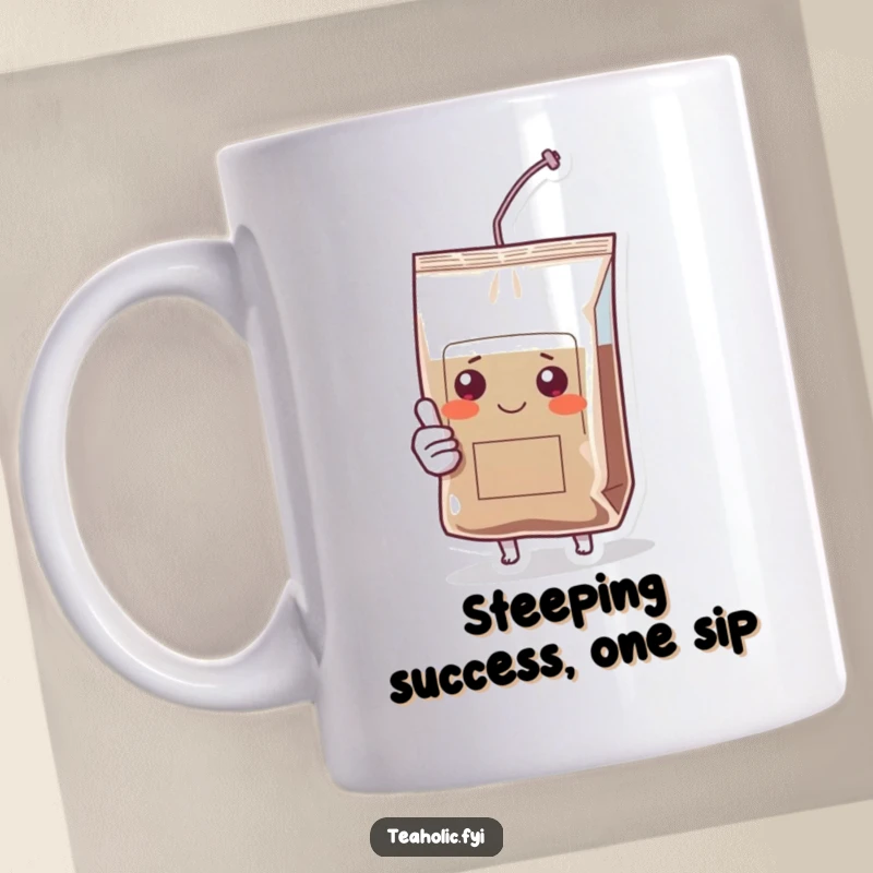 Funny mug with a happy tea bag character giving a confident thumbs up, perfect for a morning boost and a laugh.