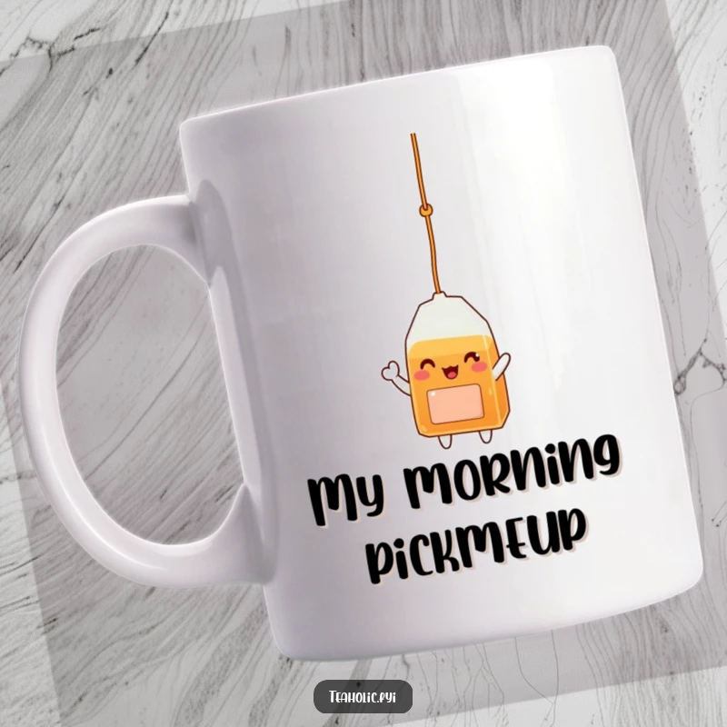 Funny mug featuring a delighted tea bag character happily dangling and waving from its string, embodying cheerful morning vibes.