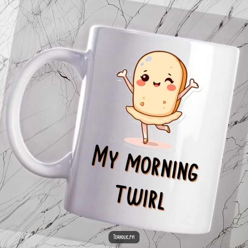 Funny mug art of a cheerful tea biscuit gracefully performing a ballet pirouette with joyful abandon.